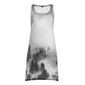 Платье-майка 3D с принтом Лес и туман в Курске, 100% полиэстер | полуприлегающий силуэт, широкие бретели, круглый вырез горловины, удлиненный подол сзади. | black and white | лес | лес и туман | туман | чернобелый  фон | чернобелый лес