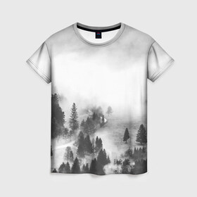 Женская футболка 3D с принтом Лес и туман в Курске, 100% полиэфир ( синтетическое хлопкоподобное полотно) | прямой крой, круглый вырез горловины, длина до линии бедер | black and white | лес | лес и туман | туман | чернобелый  фон | чернобелый лес