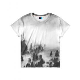 Детская футболка 3D с принтом Лес и туман в Курске, 100% гипоаллергенный полиэфир | прямой крой, круглый вырез горловины, длина до линии бедер, чуть спущенное плечо, ткань немного тянется | black and white | лес | лес и туман | туман | чернобелый  фон | чернобелый лес