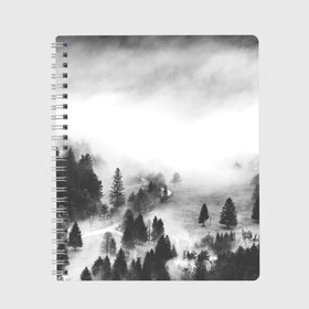 Тетрадь с принтом Лес и туман в Курске, 100% бумага | 48 листов, плотность листов — 60 г/м2, плотность картонной обложки — 250 г/м2. Листы скреплены сбоку удобной пружинной спиралью. Уголки страниц и обложки скругленные. Цвет линий — светло-серый
 | Тематика изображения на принте: black and white | лес | лес и туман | туман | чернобелый  фон | чернобелый лес