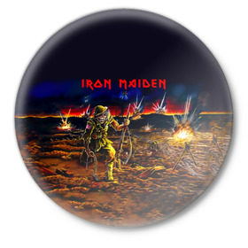 Значок с принтом Боец Iron Maiden в Курске,  металл | круглая форма, металлическая застежка в виде булавки | iron maiden | адриан смит | айрон мейден | война | группа | дэйв мюррей | железная дева | ирон майден | метал | мрачный | музыка | песни | рок | солдат | стив харрис | тяжелый | хеви | хевиметал
