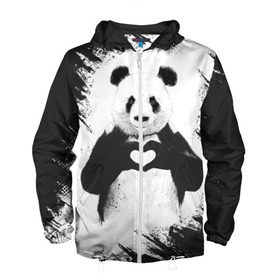 Мужская ветровка 3D с принтом Panda love в Курске, 100% полиэстер | подол и капюшон оформлены резинкой с фиксаторами, два кармана без застежек по бокам, один потайной карман на груди | Тематика изображения на принте: 14 февраля | love | panda | panda love | день святого валентина | любовь | панда