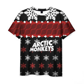 Мужская футболка 3D с принтом Праздничный Arctic Monkeys в Курске, 100% полиэфир | прямой крой, круглый вырез горловины, длина до линии бедер | алекс тёрнер | арктик | арктические мартышки | гаражный | группа | джейми кук | знак | инди рок | красный | м | манкис | музыка | надпись | ник о мэлли | новогодний | новый год | обезьяна