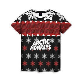 Женская футболка 3D с принтом Праздничный Arctic Monkeys в Курске, 100% полиэфир ( синтетическое хлопкоподобное полотно) | прямой крой, круглый вырез горловины, длина до линии бедер | алекс тёрнер | арктик | арктические мартышки | гаражный | группа | джейми кук | знак | инди рок | красный | м | манкис | музыка | надпись | ник о мэлли | новогодний | новый год | обезьяна