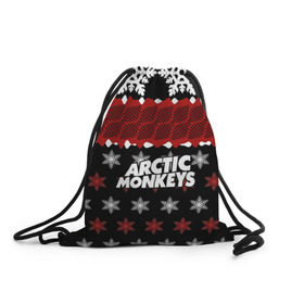 Рюкзак-мешок 3D с принтом Праздничный Arctic Monkeys в Курске, 100% полиэстер | плотность ткани — 200 г/м2, размер — 35 х 45 см; лямки — толстые шнурки, застежка на шнуровке, без карманов и подкладки | алекс тёрнер | арктик | арктические мартышки | гаражный | группа | джейми кук | знак | инди рок | красный | м | манкис | музыка | надпись | ник о мэлли | новогодний | новый год | обезьяна