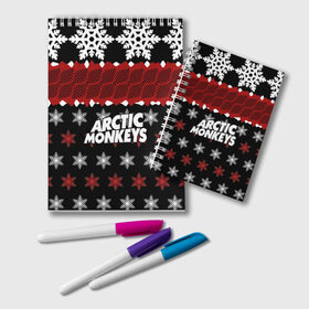 Блокнот с принтом Праздничный Arctic Monkeys в Курске, 100% бумага | 48 листов, плотность листов — 60 г/м2, плотность картонной обложки — 250 г/м2. Листы скреплены удобной пружинной спиралью. Цвет линий — светло-серый
 | алекс тёрнер | арктик | арктические мартышки | гаражный | группа | джейми кук | знак | инди рок | красный | м | манкис | музыка | надпись | ник о мэлли | новогодний | новый год | обезьяна