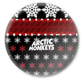 Значок с принтом Праздничный Arctic Monkeys в Курске,  металл | круглая форма, металлическая застежка в виде булавки | Тематика изображения на принте: алекс тёрнер | арктик | арктические мартышки | гаражный | группа | джейми кук | знак | инди рок | красный | м | манкис | музыка | надпись | ник о мэлли | новогодний | новый год | обезьяна