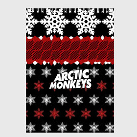 Скетчбук с принтом Праздничный Arctic Monkeys в Курске, 100% бумага
 | 48 листов, плотность листов — 100 г/м2, плотность картонной обложки — 250 г/м2. Листы скреплены сверху удобной пружинной спиралью | Тематика изображения на принте: алекс тёрнер | арктик | арктические мартышки | гаражный | группа | джейми кук | знак | инди рок | красный | м | манкис | музыка | надпись | ник о мэлли | новогодний | новый год | обезьяна