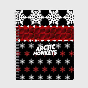 Тетрадь с принтом Праздничный Arctic Monkeys в Курске, 100% бумага | 48 листов, плотность листов — 60 г/м2, плотность картонной обложки — 250 г/м2. Листы скреплены сбоку удобной пружинной спиралью. Уголки страниц и обложки скругленные. Цвет линий — светло-серый
 | алекс тёрнер | арктик | арктические мартышки | гаражный | группа | джейми кук | знак | инди рок | красный | м | манкис | музыка | надпись | ник о мэлли | новогодний | новый год | обезьяна