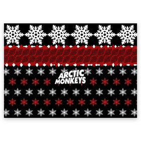 Поздравительная открытка с принтом Праздничный Arctic Monkeys в Курске, 100% бумага | плотность бумаги 280 г/м2, матовая, на обратной стороне линовка и место для марки
 | Тематика изображения на принте: алекс тёрнер | арктик | арктические мартышки | гаражный | группа | джейми кук | знак | инди рок | красный | м | манкис | музыка | надпись | ник о мэлли | новогодний | новый год | обезьяна