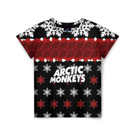 Детская футболка 3D с принтом Праздничный Arctic Monkeys в Курске, 100% гипоаллергенный полиэфир | прямой крой, круглый вырез горловины, длина до линии бедер, чуть спущенное плечо, ткань немного тянется | алекс тёрнер | арктик | арктические мартышки | гаражный | группа | джейми кук | знак | инди рок | красный | м | манкис | музыка | надпись | ник о мэлли | новогодний | новый год | обезьяна