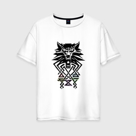 Женская футболка хлопок Oversize с принтом The Witcher в Курске, 100% хлопок | свободный крой, круглый ворот, спущенный рукав, длина до линии бедер
 | the wicher | аксий | белый волк | ведьмак | знаки