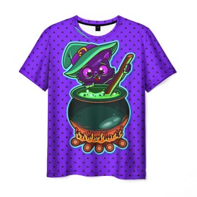 Мужская футболка 3D с принтом Кошка-ведьмочка в Курске, 100% полиэфир | прямой крой, круглый вырез горловины, длина до линии бедер | halloween | helloween | ведунья | ведьма | зелье | кот | котел | котик | кошка | магия | хеллоуин | хэллоуин