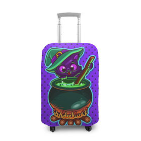 Чехол для чемодана 3D с принтом Кошка-ведьмочка в Курске, 86% полиэфир, 14% спандекс | двустороннее нанесение принта, прорези для ручек и колес | halloween | helloween | ведунья | ведьма | зелье | кот | котел | котик | кошка | магия | хеллоуин | хэллоуин