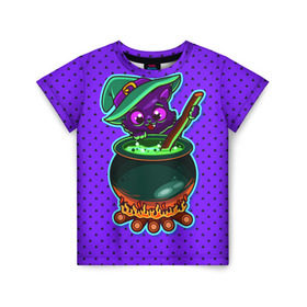 Детская футболка 3D с принтом Кошка-ведьмочка в Курске, 100% гипоаллергенный полиэфир | прямой крой, круглый вырез горловины, длина до линии бедер, чуть спущенное плечо, ткань немного тянется | halloween | helloween | ведунья | ведьма | зелье | кот | котел | котик | кошка | магия | хеллоуин | хэллоуин