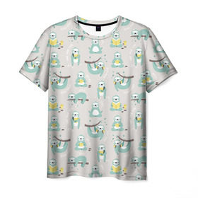 Мужская футболка 3D с принтом Ленивцы в Курске, 100% полиэфир | прямой крой, круглый вырез горловины, длина до линии бедер | дерево | книга | ленивец | милота | сон | спать | чтение