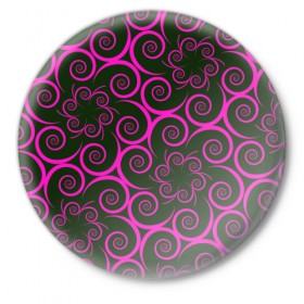 Значок с принтом Розовые цветы в Курске,  металл | круглая форма, металлическая застежка в виде булавки | Тематика изображения на принте: pink | кружева | лепестки | розовый | спираль | узор | фрактал | цветки | цветок | цветы