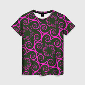 Женская футболка 3D с принтом Розовые цветы в Курске, 100% полиэфир ( синтетическое хлопкоподобное полотно) | прямой крой, круглый вырез горловины, длина до линии бедер | pink | кружева | лепестки | розовый | спираль | узор | фрактал | цветки | цветок | цветы