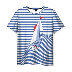 Мужская футболка 3D с принтом Яхта в Курске, 100% полиэфир | прямой крой, круглый вырез горловины, длина до линии бедер | flag | joke | prank | sail | sea | stripes | water | waves | yacht vest | вода | волны | море | парус | полосы | прикол | тельняшка | флаг | шутка | яхта