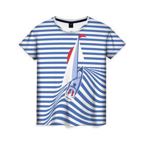 Женская футболка 3D с принтом Яхта в Курске, 100% полиэфир ( синтетическое хлопкоподобное полотно) | прямой крой, круглый вырез горловины, длина до линии бедер | flag | joke | prank | sail | sea | stripes | water | waves | yacht vest | вода | волны | море | парус | полосы | прикол | тельняшка | флаг | шутка | яхта