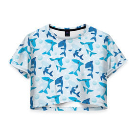Женская футболка 3D укороченная с принтом Акулы в Курске, 100% полиэстер | круглая горловина, длина футболки до линии талии, рукава с отворотами | shark | акула | вода | море | океан | пузыри | рыба | рыбалка