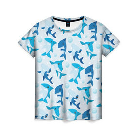 Женская футболка 3D с принтом Акулы в Курске, 100% полиэфир ( синтетическое хлопкоподобное полотно) | прямой крой, круглый вырез горловины, длина до линии бедер | shark | акула | вода | море | океан | пузыри | рыба | рыбалка
