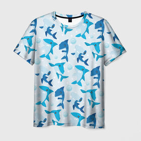 Мужская футболка 3D с принтом Акулы в Курске, 100% полиэфир | прямой крой, круглый вырез горловины, длина до линии бедер | shark | акула | вода | море | океан | пузыри | рыба | рыбалка