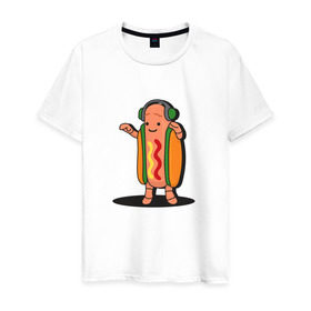 Мужская футболка хлопок с принтом Танцующий хот-дог snapchat в Курске, 100% хлопок | прямой крой, круглый вырез горловины, длина до линии бедер, слегка спущенное плечо. | 