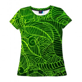 Женская футболка 3D с принтом зеленые узоры в Курске, 100% полиэфир ( синтетическое хлопкоподобное полотно) | прямой крой, круглый вырез горловины, длина до линии бедер | green | абстракция | арт | восток | геометрия | зелень | индия | орнамент | роспись | узоры | цветы