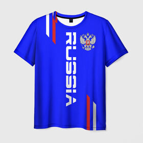 Мужская футболка 3D с принтом Russia надпись и герб в Курске, 100% полиэфир | прямой крой, круглый вырез горловины, длина до линии бедер | russia | герб | россия | рф | триколор