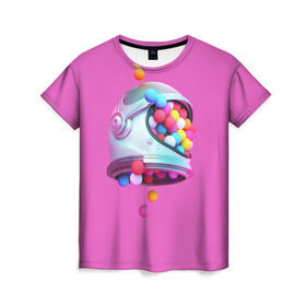 Женская футболка 3D с принтом Colorful balls в Курске, 100% полиэфир ( синтетическое хлопкоподобное полотно) | прямой крой, круглый вырез горловины, длина до линии бедер | balls | colorful | helmet | pink | колорит | космонавт | космос | розовый | скафандр | цвет | шарики | шары | шлем