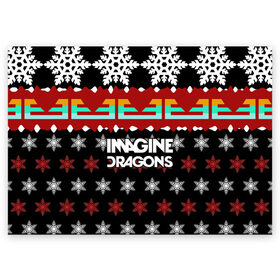 Поздравительная открытка с принтом Праздничный Imagine Dragons в Курске, 100% бумага | плотность бумаги 280 г/м2, матовая, на обратной стороне линовка и место для марки
 | Тематика изображения на принте: альтернативный | американская | группа | драгонс | имеджин | инди | индирок | новогодний | поп | рождество | рок | свитер | электроник