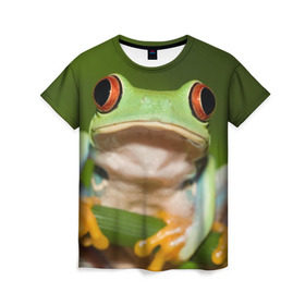 Женская футболка 3D с принтом Лягушка в Курске, 100% полиэфир ( синтетическое хлопкоподобное полотно) | прямой крой, круглый вырез горловины, длина до линии бедер | frog | жаба | животные | зеленый | ква | лягуха | лягушка | лягушонок