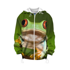 Детская куртка 3D с принтом Лягушка в Курске, 100% полиэстер | застежка — молния, подол и капюшон оформлены резинкой с фиксаторами, по бокам — два кармана без застежек, один потайной карман на груди, плотность верхнего слоя — 90 г/м2; плотность флисового подклада — 260 г/м2 | Тематика изображения на принте: frog | жаба | животные | зеленый | ква | лягуха | лягушка | лягушонок