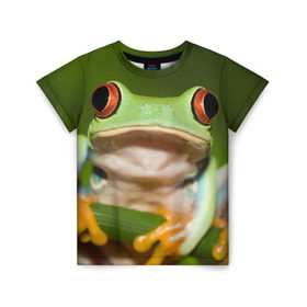 Детская футболка 3D с принтом Лягушка в Курске, 100% гипоаллергенный полиэфир | прямой крой, круглый вырез горловины, длина до линии бедер, чуть спущенное плечо, ткань немного тянется | Тематика изображения на принте: frog | жаба | животные | зеленый | ква | лягуха | лягушка | лягушонок