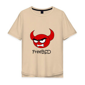 Мужская футболка хлопок Oversize с принтом FreeBSD демон в Курске, 100% хлопок | свободный крой, круглый ворот, “спинка” длиннее передней части | bsd | demon | freebsd | os | unix | демон | злой | ос | чёртик