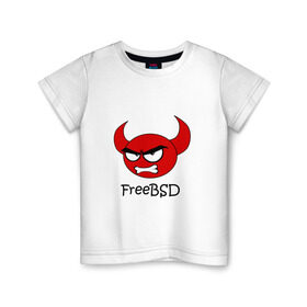 Детская футболка хлопок с принтом FreeBSD демон в Курске, 100% хлопок | круглый вырез горловины, полуприлегающий силуэт, длина до линии бедер | bsd | demon | freebsd | os | unix | демон | злой | ос | чёртик