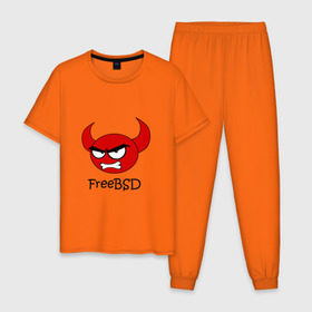 Мужская пижама хлопок с принтом FreeBSD демон в Курске, 100% хлопок | брюки и футболка прямого кроя, без карманов, на брюках мягкая резинка на поясе и по низу штанин
 | Тематика изображения на принте: bsd | demon | freebsd | os | unix | демон | злой | ос | чёртик