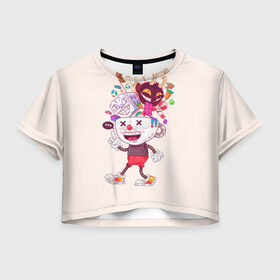 Женская футболка 3D укороченная с принтом Чашкоголовый в Курске, 100% полиэстер | круглая горловина, длина футболки до линии талии, рукава с отворотами | cuphead | run and gun | капхед | капхэд | чашка