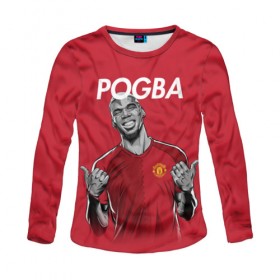 Женский лонгслив 3D с принтом Pogba Manchester United в Курске, 100% полиэстер | длинные рукава, круглый вырез горловины, полуприлегающий силуэт | Тематика изображения на принте: mu | paul | pogba | манчестер юнайтед | мю | погба | форма