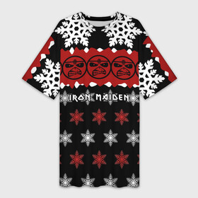 Платье-футболка 3D с принтом Праздничный Iron Maiden в Курске,  |  | iron maiden | адриан смит | айрон мейден | г | группа | дэйв мюррей | железная дева | знак | ирон майден | красный | метал | мрачный | музыка | надпись | новогодний | новый год | песни | праздник | рождество