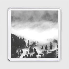 Магнит 55*55 с принтом Туманный лес в Курске, Пластик | Размер: 65*65 мм; Размер печати: 55*55 мм | бор | деревья | дым | елки | лес | природа | туман | чб | черно белое