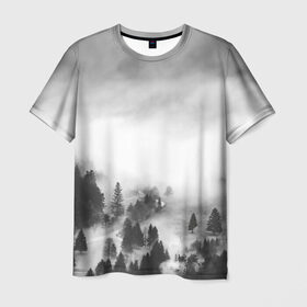 Мужская футболка 3D с принтом Туманный лес в Курске, 100% полиэфир | прямой крой, круглый вырез горловины, длина до линии бедер | бор | деревья | дым | елки | лес | природа | туман | чб | черно белое
