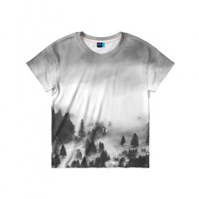 Детская футболка 3D с принтом Туманный лес в Курске, 100% гипоаллергенный полиэфир | прямой крой, круглый вырез горловины, длина до линии бедер, чуть спущенное плечо, ткань немного тянется | бор | деревья | дым | елки | лес | природа | туман | чб | черно белое