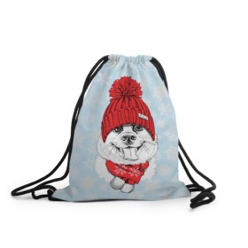 Рюкзак-мешок 3D с принтом Собачка в шапочке в Курске, 100% полиэстер | плотность ткани — 200 г/м2, размер — 35 х 45 см; лямки — толстые шнурки, застежка на шнуровке, без карманов и подкладки | зима | новый год | подарок | рождество | собака