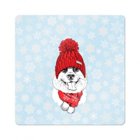 Магнит виниловый Квадрат с принтом Собачка в шапочке в Курске, полимерный материал с магнитным слоем | размер 9*9 см, закругленные углы | зима | новый год | подарок | рождество | собака