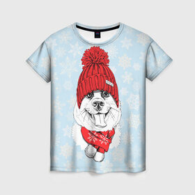 Женская футболка 3D с принтом Собачка в шапочке в Курске, 100% полиэфир ( синтетическое хлопкоподобное полотно) | прямой крой, круглый вырез горловины, длина до линии бедер | зима | новый год | подарок | рождество | собака