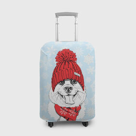 Чехол для чемодана 3D с принтом Собачка в шапочке в Курске, 86% полиэфир, 14% спандекс | двустороннее нанесение принта, прорези для ручек и колес | зима | новый год | подарок | рождество | собака