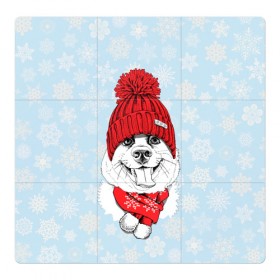 Магнитный плакат 3Х3 с принтом Собачка в шапочке в Курске, Полимерный материал с магнитным слоем | 9 деталей размером 9*9 см | зима | новый год | подарок | рождество | собака