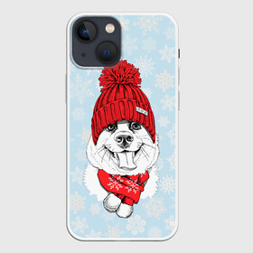 Чехол для iPhone 13 mini с принтом Собачка в шапочке в Курске,  |  | Тематика изображения на принте: зима | новый год | подарок | рождество | собака